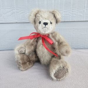 Handmade Anna Jointed Mohair Teddy Bear Red Bow 11" Brown Maine 1999 VTG